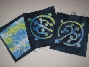 Stitched Kunin felt on the cotton fabric, middle one is cut with soldering iron and the last piece is also distressed with heat gun